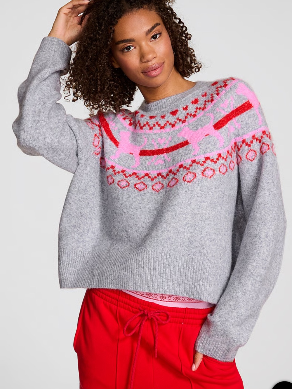 PINK Victoria's Secret Puppy Fair Isle Crewneck Cropped Sweater M